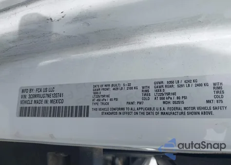 2022 Ram Promaster 3500 Cargo Van High Roof 159 Wb Ext из США, поврежденный, VIN 3C6MRVJG7NE120741